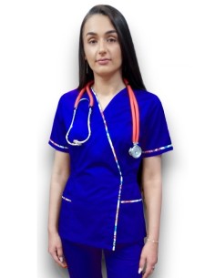 Halat medical albastru royal Kimono, din tercot elastic, cu insertie florala 2