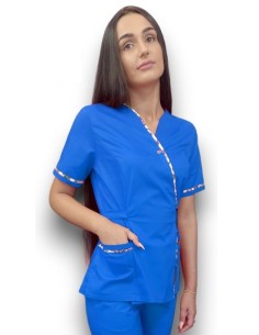 Halat medical albastru Kimono, din tercot elastic, cu insertie florala 2