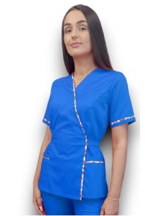 Halat medical albastru Kimono, din tercot elastic, cu insertie florala