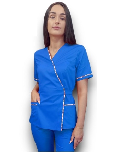 Halat medical albastru Kimono, din tercot elastic, cu insertie florala Halat medical albastru Kimono, din tercot elastic, cu insertie florala
