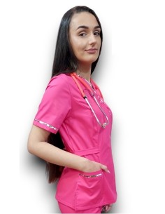 Halat medical ciclam Kimono, din tercot elastic, cu insertie florala 2