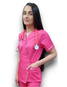 Halat medical ciclam Kimono, din tercot elastic, cu insertie florala