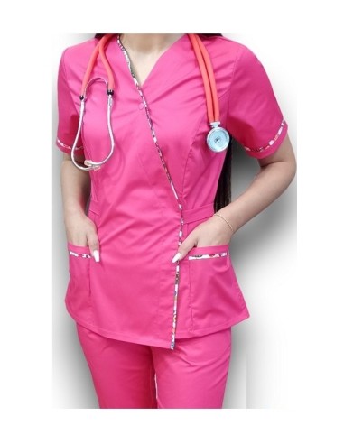 Halat medical ciclam Kimono, din tercot elastic, cu insertie florala
