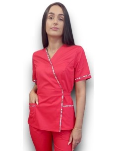 Halat medical rosu Kimono, din tercot elastic, cu insertie florala