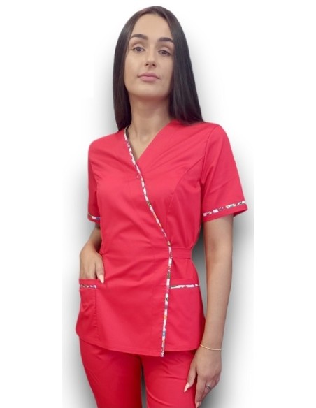 Halat medical rosu Kimono, din tercot elastic, cu insertie florala Halat medical rosu Kimono, din tercot elastic, cu insertie florala