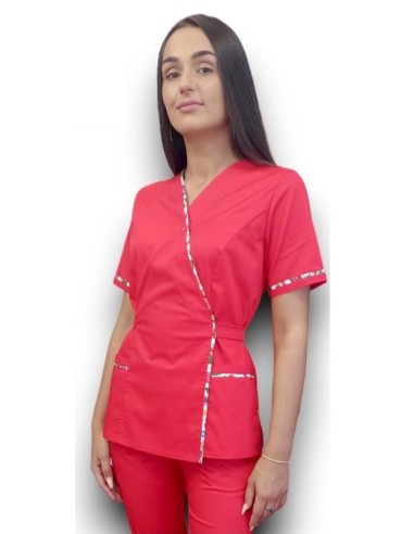 Halat medical rosu Kimono, din tercot elastic, cu insertie florala