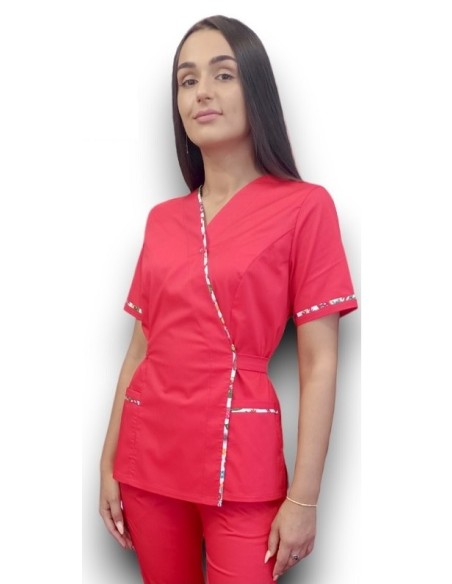 Halat medical rosu Kimono, din tercot elastic, cu insertie florala Halat medical rosu Kimono, din tercot elastic, cu insertie florala