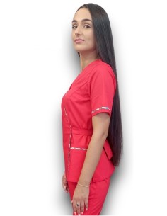 Halat medical rosu Kimono, din tercot elastic, cu insertie florala 2