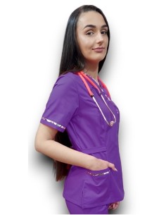 Halat medical mov Kimono, din tercot fix, cu insertie florala 2