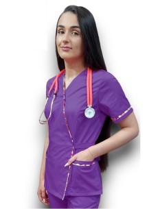 Halat medical mov Kimono, din tercot fix, cu insertie florala