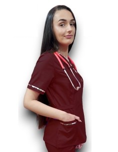 Halat medical grena Kimono, din tercot FIX cu insertie florala
