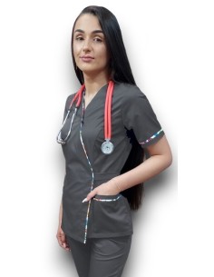Halat medical gri Kimono, din tercot elastic, cu insertie florala 2