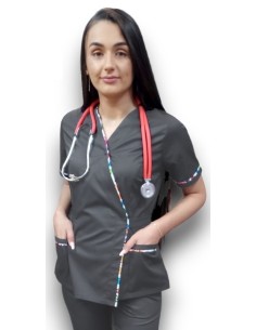 Halat medical gri Kimono, din tercot elastic, cu insertie florala