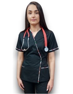 Halat medical negru Kimono, din tercot elastic, cu insertie florala