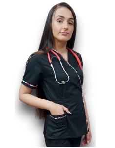 Halat medical negru Kimono, din tercot elastic, cu insertie florala 2