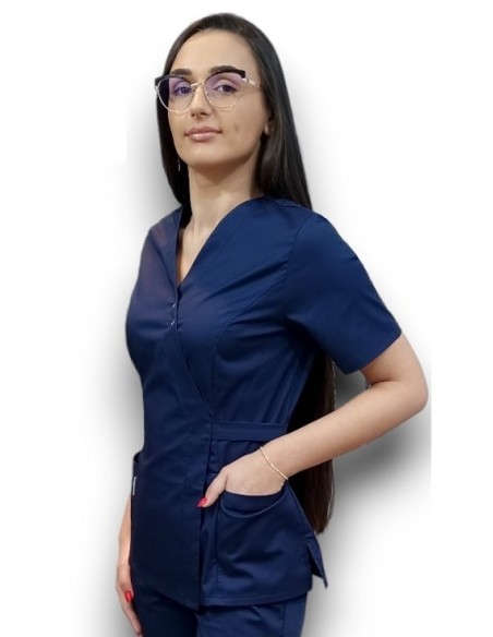 Halat medical bleumarin Kimono, din tercot elastic Halat medical bleumarin Kimono, din tercot elastic