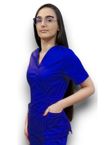 Halat medical albastru royal Kimono, din tercot elastic