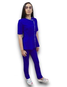 Costum medical albastru royal petrecut basc, din tercot elastic 2