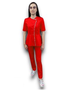 Costum medical rosu petrecut basc, din tercot elastic