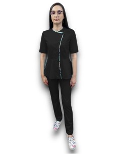 Costum medical negru petrecut basc, din tercot elastic, cu insertie florala