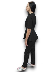 Costum medical negru petrecut basc, din tercot elastic, cu insertie florala 2