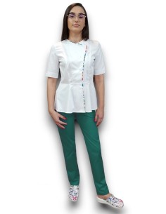 Costum medical petrecut basc, halat alb, pantaloni verde spital, din tercot elastic