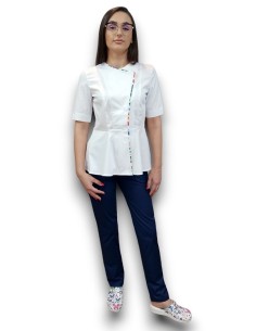 Costum medical petrecut basc, halat alb, pantaloni bleumarin, din tercot elastic 2