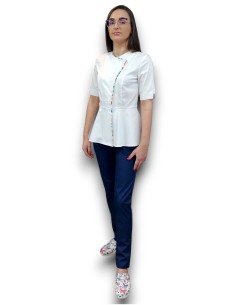 Costum medical petrecut basc, halat alb, pantaloni bleumarin, din tercot elastic