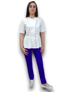 Costum medical petrecut basc, halat alb, pantaloni albastru royal, din tercot elastic