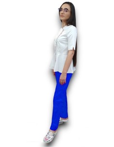 Costum medical petrecut basc, halat alb, pantaloni albastri, din tercot elastic