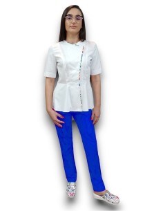 Costum medical petrecut basc, halat alb, pantaloni albastri, din tercot elastic 2