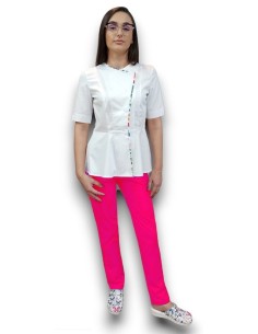 Costum medical petrecut basc, halat alb, pantaloni ciclam, din tercot elastic