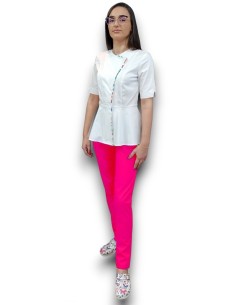 Costum medical petrecut basc, halat alb, pantaloni ciclam, din tercot elastic 2
