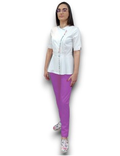 Costum medical petrecut basc, halat alb, pantaloni mov, din tercot fix 2
