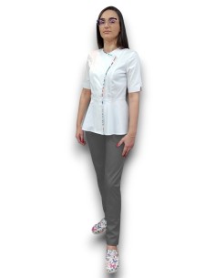 Costum medical petrecut basc, halat alb, pantaloni gri, din tercot elastic 2