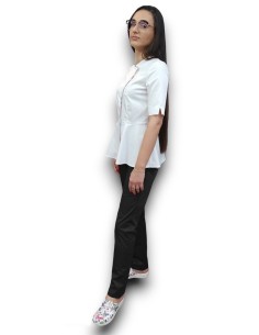 Costum medical petrecut basc, halat alb, pantaloni negri, din tercot elastic