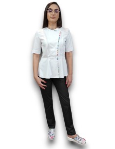 Costum medical petrecut basc, halat alb, pantaloni negri, din tercot elastic 2