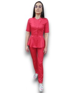 Costum medical rosu petrecut basc, din tercot elastic