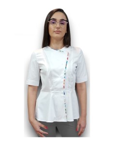 Halat medical alb petrecut basc, din tercot elastic, cu insertie florala