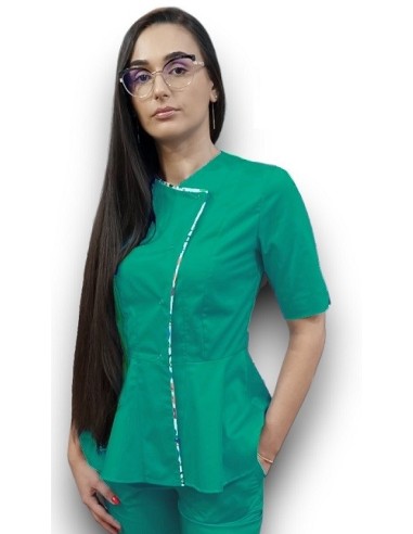 Halat medical verde spital petrecut basc, din tercot elastic, cu insertie florala
