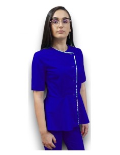 Halat medical albastru royal petrecut basc, din tercot elastic, cu insertie florala