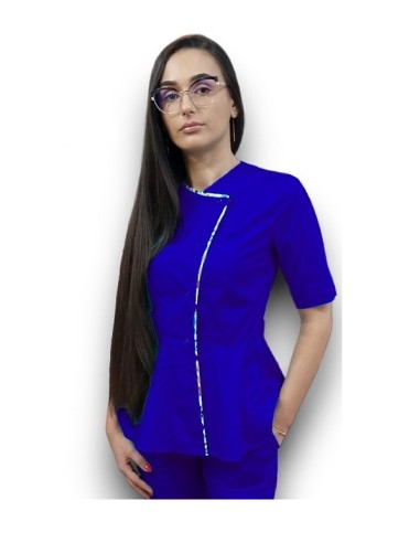 Halat medical albastru royal petrecut basc, din tercot elastic, cu insertie florala