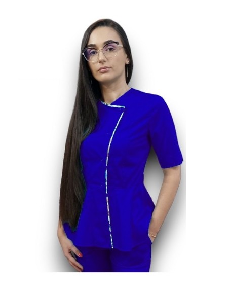 Halat medical albastru royal petrecut basc, din tercot elastic, cu insertie florala Halat medical albastru royal petrecut basc, din tercot elastic, cu insertie florala