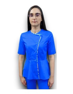 Halat medical albastru petrecut basc, din tercot elastic, cu insertie florala