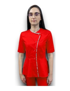 Halat medical rosu petrecut basc, din tercot elastic, cu insertie florala