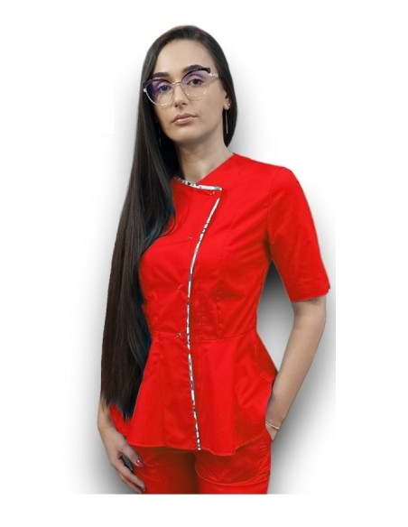 Halat medical rosu petrecut basc, din tercot elastic, cu insertie florala Halat medical rosu petrecut basc, din tercot elastic, cu insertie florala
