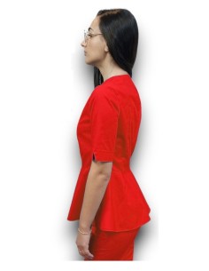 Halat medical rosu petrecut basc, din tercot elastic, cu insertie florala 2