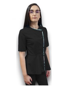 Halat medical negru petrecut basc, din tercot elastic, cu insertie florala