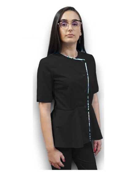 Halat medical negru petrecut basc, din tercot elastic, cu insertie florala Halat medical negru petrecut basc, din tercot elastic, cu insertie florala