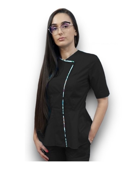 Halat medical negru petrecut basc, din tercot elastic, cu insertie florala Halat medical negru petrecut basc, din tercot elastic, cu insertie florala